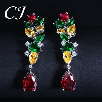 CANDICE Noble Red Crystal Water Drop Pendant Necklace and Dangle Earrings Pave Multi Shape Colorful CZ Stone Women Wedding Party Dress Jewelry Set