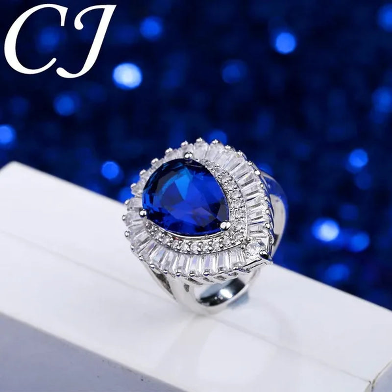 CANDICE Vintage Ladies Banquet Open Ring Pave Classic Blue Crystal Fashion Sterling Silver Plated Jewelry