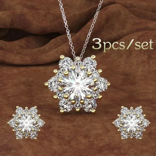 3 Pcs/set 925 Silver Natural Gem AAA CZ Snowflake Antique Necklace Earrings Christmas Snowflake Jewelry Gift