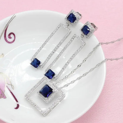 Women Fashion Silver Blue Zircon Ring Earrings Bracelet Pendant jewelry sets