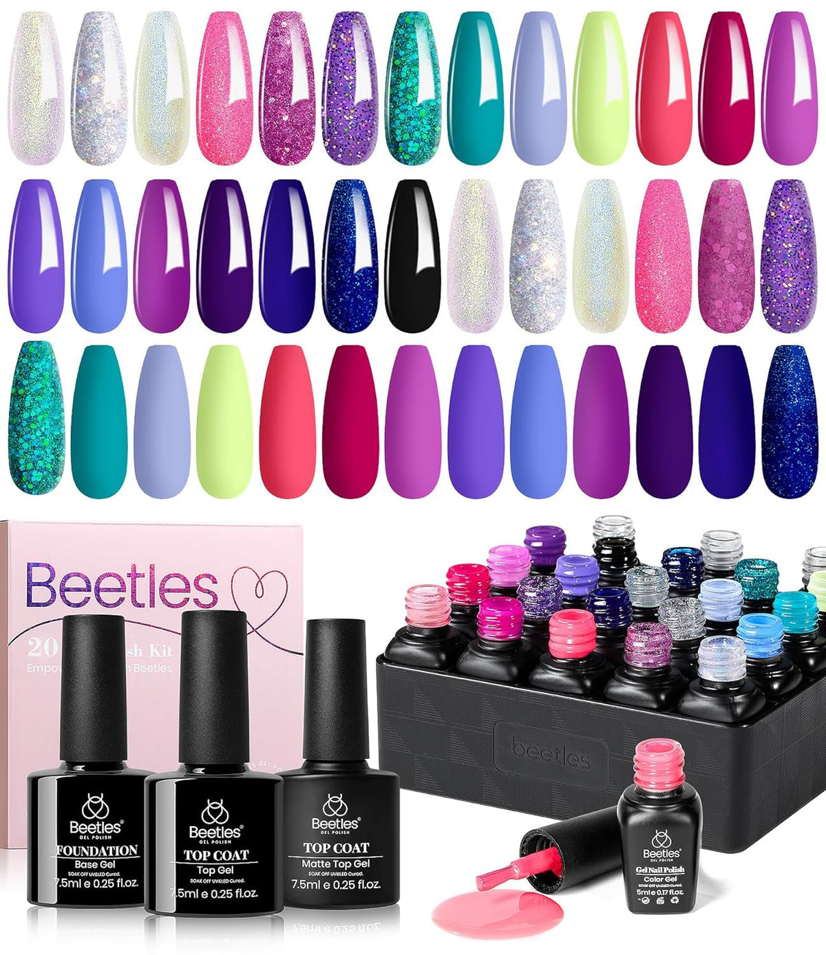 Beetles 23Pcs Gel Nail Polish Kit with Glossy Matte Top Coat and Base Coat Girls Night Collection White Nude Gray Glitters Gel Nail Polish Set U V Soak Off Holiday Manicure for Women Girls