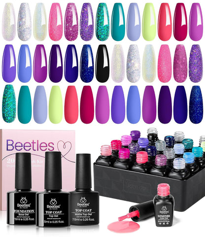 Beetles 23Pcs Gel Nail Polish Kit with Glossy Matte Top Coat and Base Coat Girls Night Collection White Nude Gray Glitters Gel Nail Polish Set U V Soak Off Holiday Manicure for Women Girls