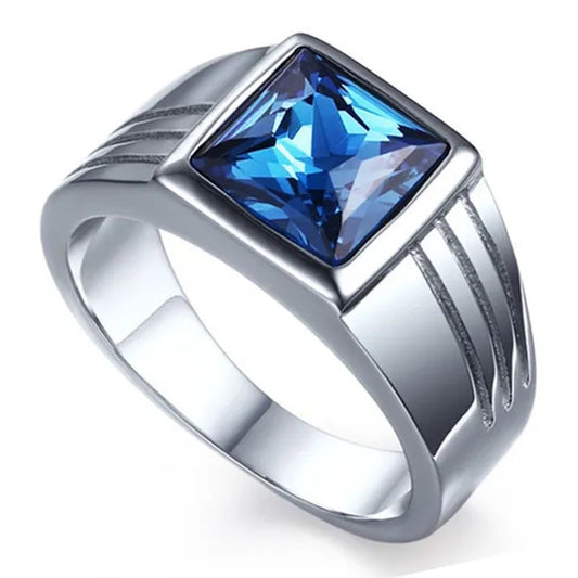 NOVE JEWELRY men fashion charm blue rhinestone fine ring 316L stainless steel exquisite wedding band rings silver + blue US Size 7 to 11
