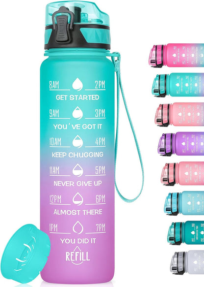 Motivational Water Bottle with Time Marker, 32 Oz (950 Ml), Bpa-Free Plastic, Easy Drink Straw, Fits Cup Holder
