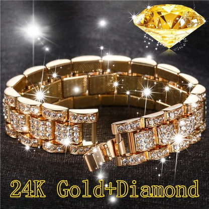 Fashion Men 24K Gold / 925 Silver Plated Solid Stainless Steel Bracelet Iced DIAMOND Link Chain Bracelet 8.26 Inch