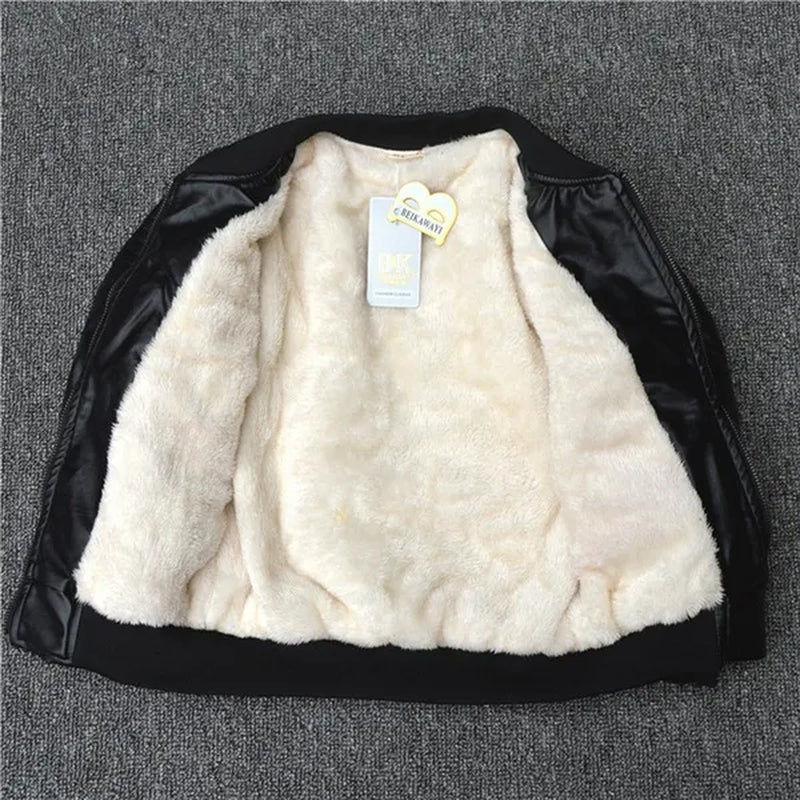 Outdoor Winter New Spring Children Boy Plus Cashmere Thick Leather Jackets Children Fashion Outerwear  (Brown Black)