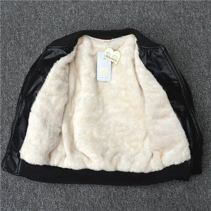 Outdoor Winter New Spring Children Boy Plus Cashmere Thick Leather Jackets Children Fashion Outerwear  (Brown Black)