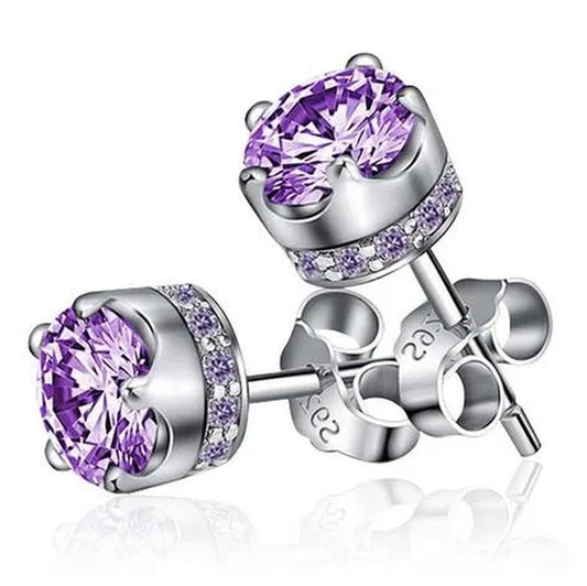 Women Fashion Jewelry 925 Sterling Silver Amethyst Diamond Studs Earrings