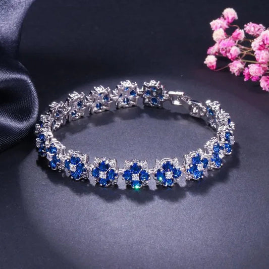 CANDICE Fashion Wonem Sterling Silver Plated Charm Flower Jewelry with Blue Crystal Stone Wedding Bracelet Bangle for Ladies Fine Jewelry