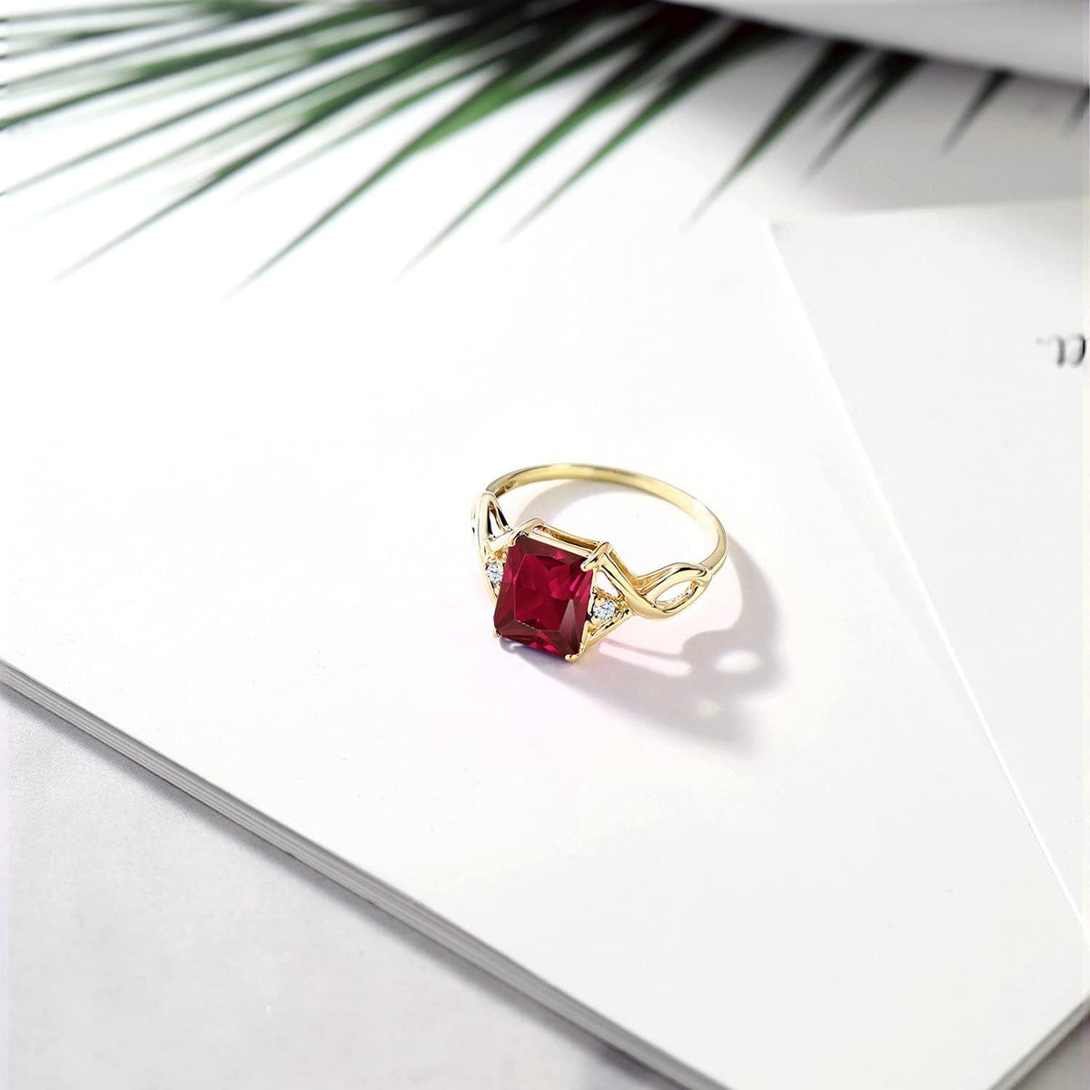 18K Yellow Gold Plated Silver Red Created Ruby Ring for Women (2.83 Cttw, Emerald Cut 9X7MM, Gemstone Birthstone, Available in Size 5, 6, 7, 8, 9)