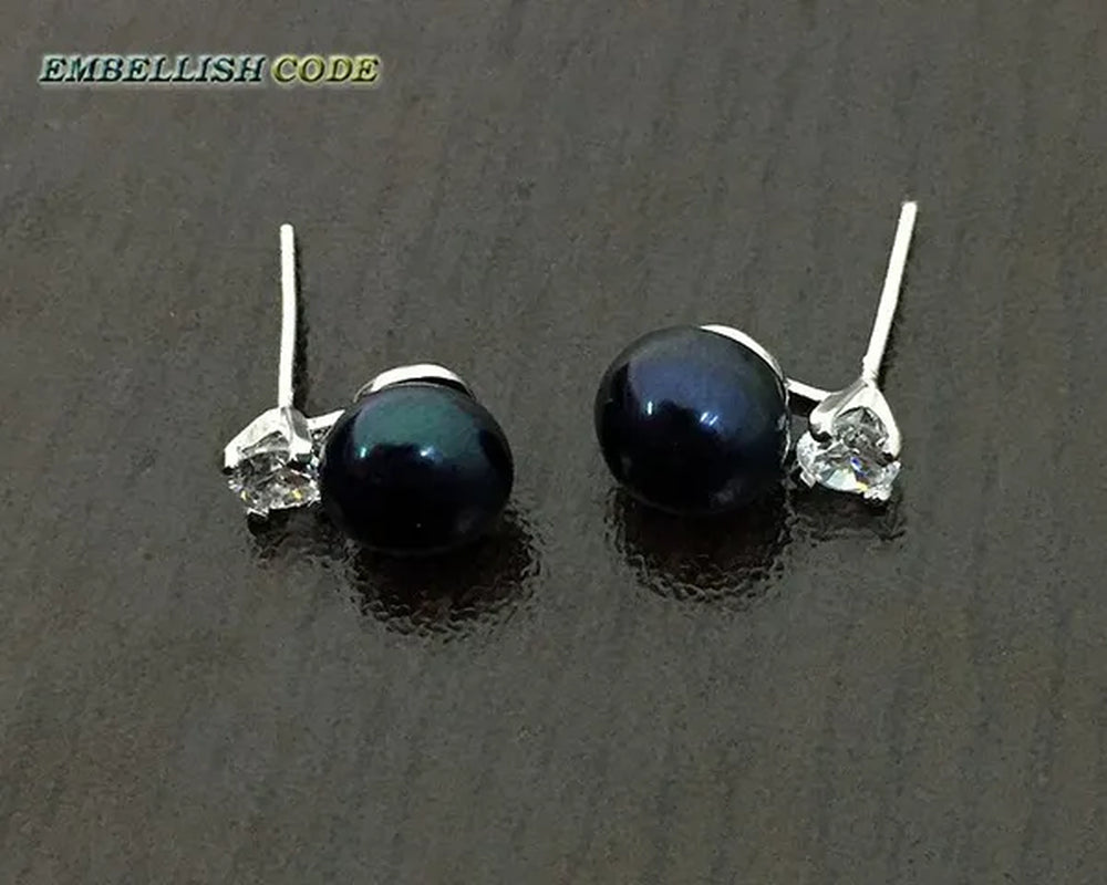 charming natural fresh water stud pearl earrings 8mm fine jewelry 925 sterling silver zirconium white black purple brown blue