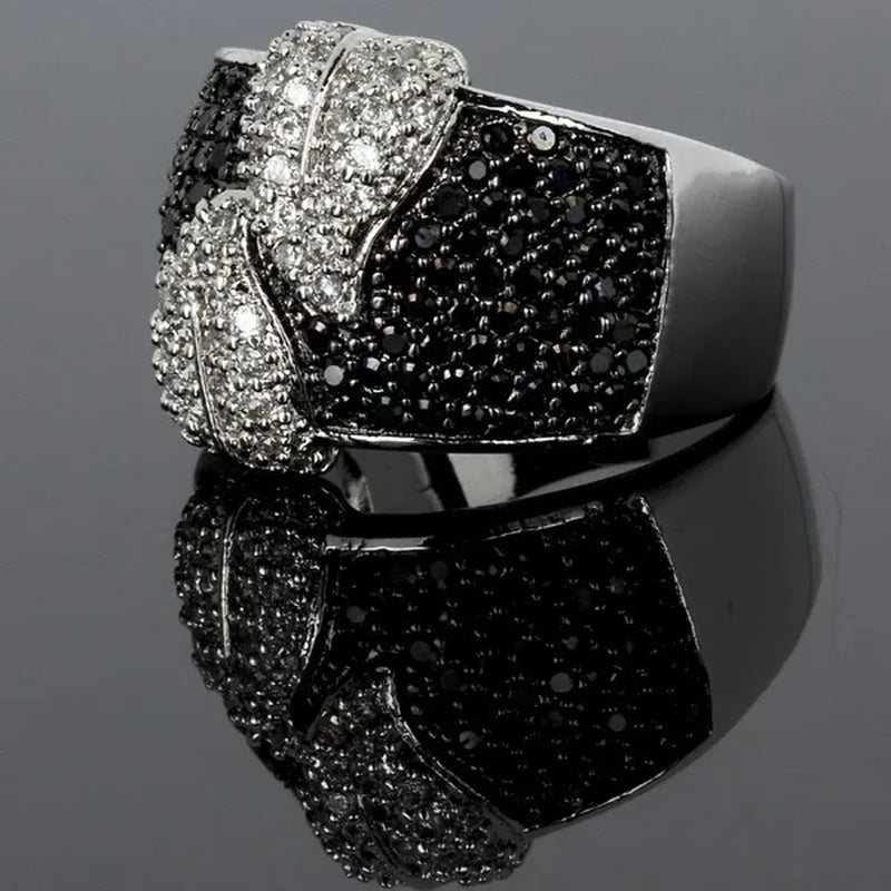 Ladies White and Black Sapphire 925 Sterling Silver Cocktail Women Wedding Leaf Ring Gifts
