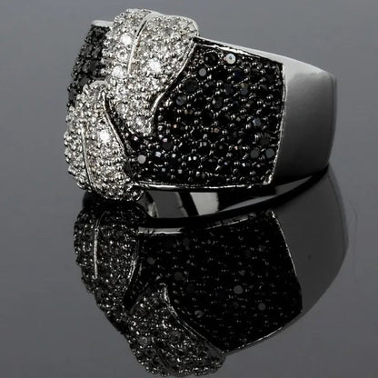 Ladies White and Black Sapphire 925 Sterling Silver Cocktail Women Wedding Leaf Ring Gifts