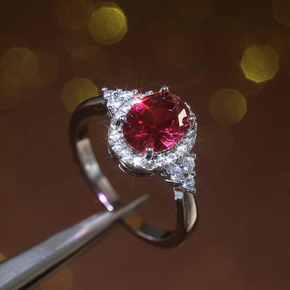 S925 Sterling Silver Classic Crystal Gem Engagement Ring with Sparkling CZ Diamond Ring Temperament Female Ruby Ring Luxury Jewelry Birthday Gift