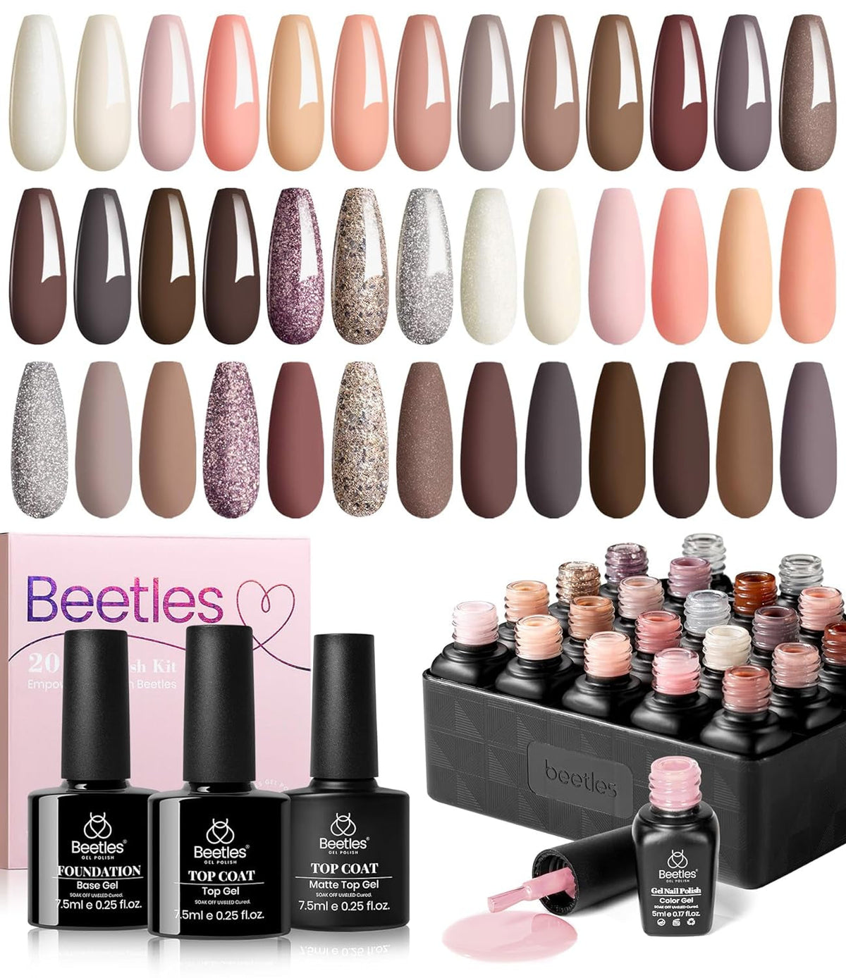Beetles 23Pcs Gel Nail Polish Kit with Glossy Matte Top Coat and Base Coat Girls Night Collection White Nude Gray Glitters Gel Nail Polish Set U V Soak Off Holiday Manicure for Women Girls