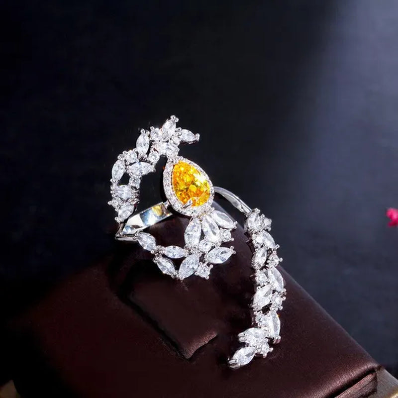 CANDICE Designer Women Wedding Band Finger Jewelry Luxury White Gold Plated Inlaid Shiny AAA Zirconia with Yellow Waterdrop Stone Opening Adjustable Ring for Bride