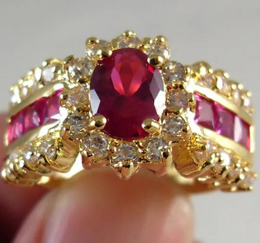 Fashion Jewelry 18k Yellow Gold Filled Ruby Oval Cut Ring