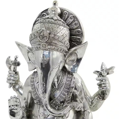 Silver Polystone Meditating Ganesh Sculpture with Engraved Carvings and Relief Detailing