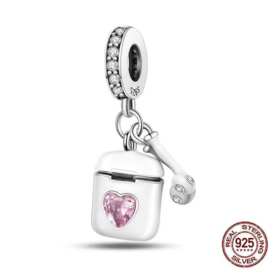 Fashion 925 Sterling Silver Wireless Earphone Pendant Charm Fit Original Bracelet DIY