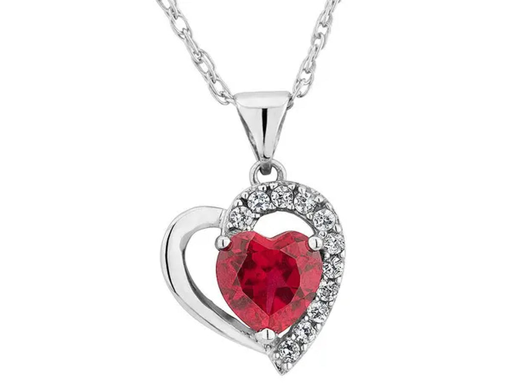 1.90 Carat (Ctw) Lab-Created Ruby Heart Pendant Necklace with Created White Sapphire in Sterling Silver with Chain