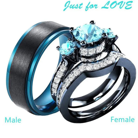 Sz6-12 His and Hers Couple Rings Wedding Engagement Rings Set Women's Aquamarine Black Gold Ring and Men's Titanium Steel Ring Jewelry