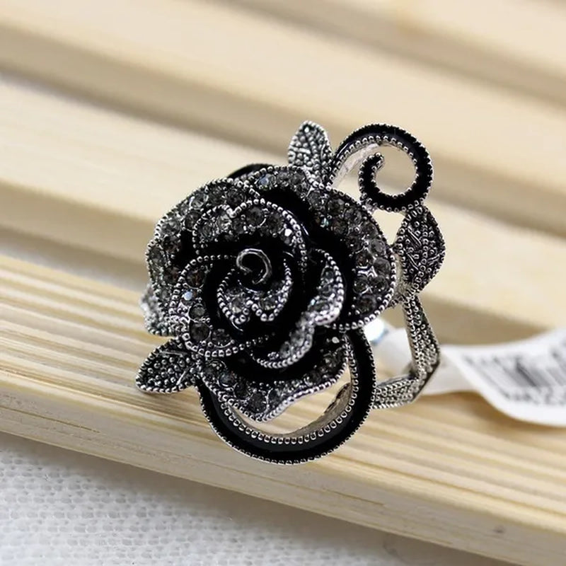 US/UK trendy Women Retro Rose Flower Ring Black Crystal Vantige Big Flower Rings Jewelry Gift