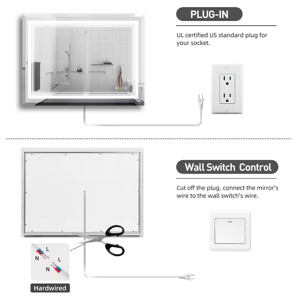 RS 48 In. W X 36 In. H Rectangular Beveled Edge 3 Colors Dimmable LED Anti-Fog Memory Wall Mount Bathroom Vanity Mirror