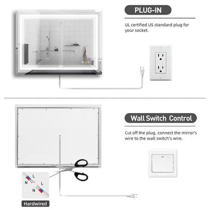 RS 48 In. W X 36 In. H Rectangular Beveled Edge 3 Colors Dimmable LED Anti-Fog Memory Wall Mount Bathroom Vanity Mirror