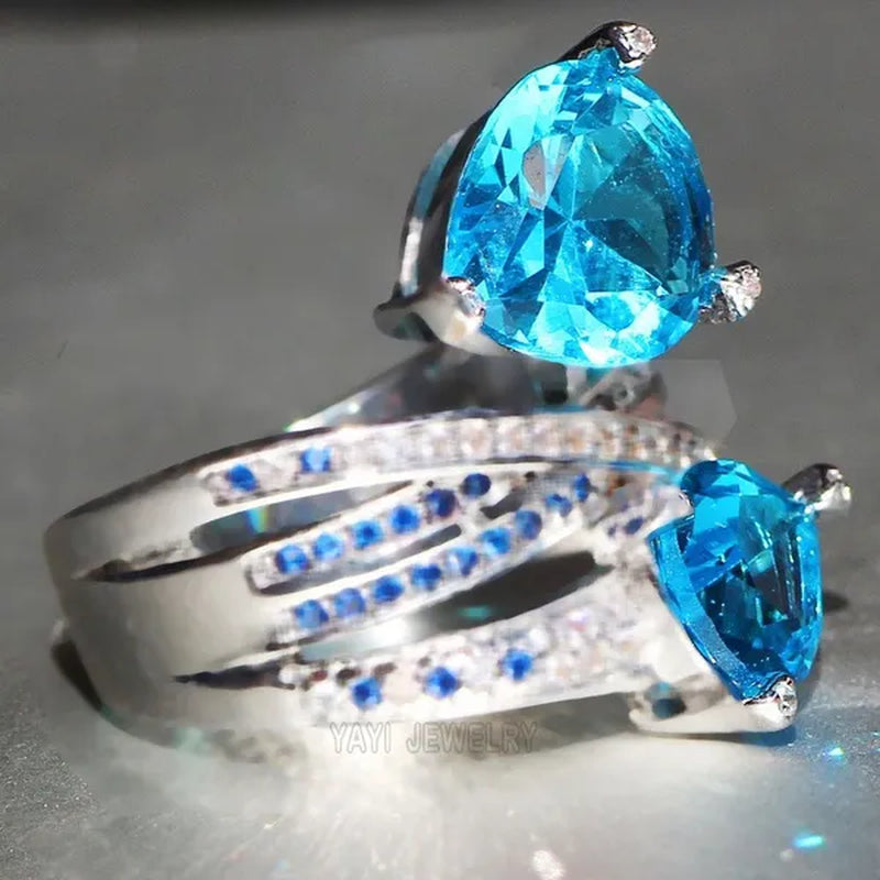 Silver Natural Gemstones Aquamarine Ring Wedding Birthstone Bride Engagement Crossing Brand  Ring Jewelry Size 6 7 8 9 10