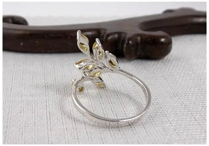 Beautiful leaf shape yellow crystal jewelry sets ring pendant necklace pure 925 silver citrine peridot fine jewelry for party
