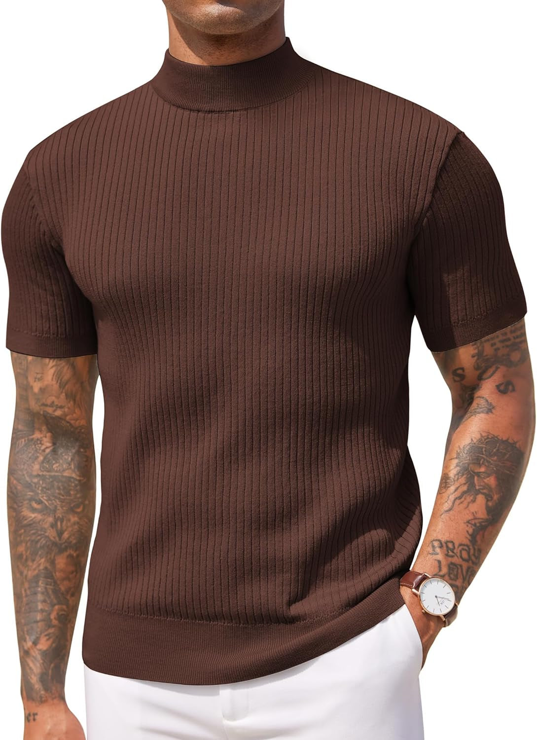 Men's Mock Turtleneck Sweater Short Sleeve Casual Basic Pullover Sweater Ribbed Knit Pullover Solid Tee