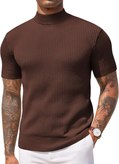Men's Mock Turtleneck Sweater Short Sleeve Casual Basic Pullover Sweater Ribbed Knit Pullover Solid Tee