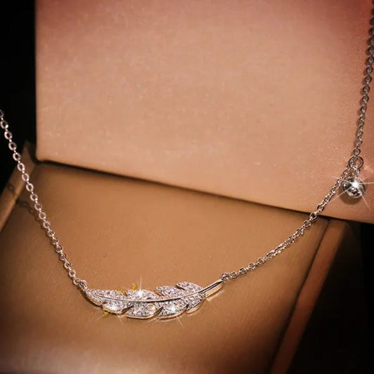 Bohemian Crystal Angel Feather Wing Pendant Necklace Party Jewelry 925 Sterling Silver Clavicle Necklace for Women 18inch Chain