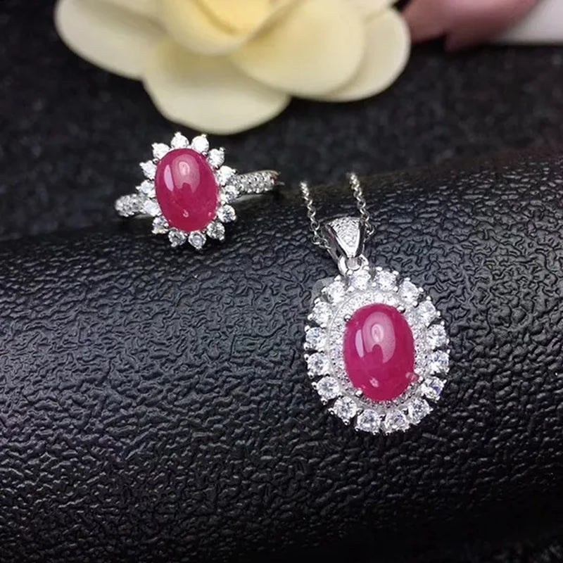 Classic ruby ring pendant jewelry set for party 6 mm *8 mm Cabochon cut ruby jewelry set solid 925 silver ruby jewelry girl gift