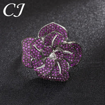 CANDICE High Quality White Gold Plated Micro Inlaid Rose Red AAA CZ Crystal 3D Big Flower Exaggerated Cocktail Party Ring for Women Costume Jewelry