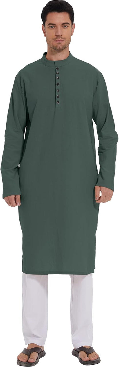 Men'S Long Sleeve Muslim Thobe Robe Button up Kaftan with Side Split and Pockets