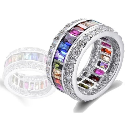 Splendid 925 Sterling Silver Natural Gemstone Multicolor Sapphire Diamond Eternity Stackable Ring Wedding Birthstone Engagement Bridal Women Brand Jewelry