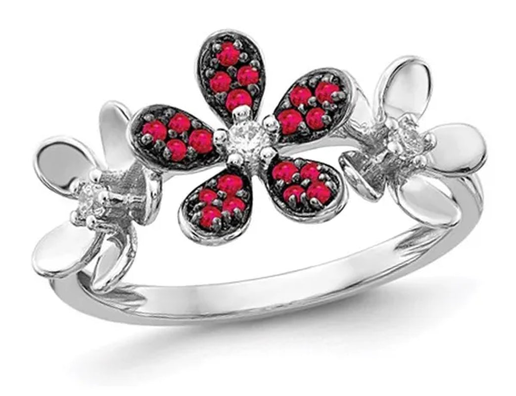 1.15 Carat (ctw) Natural Ruby Flower Ring in 14K White Gold