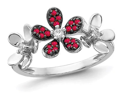 1.15 Carat (ctw) Natural Ruby Flower Ring in 14K White Gold