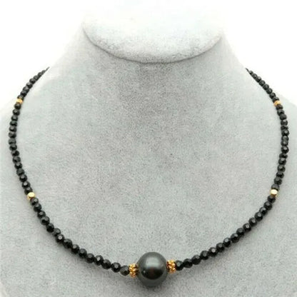 18" Natural 4Mm Faceted Black Spinel Tahitian Pearl Necklace