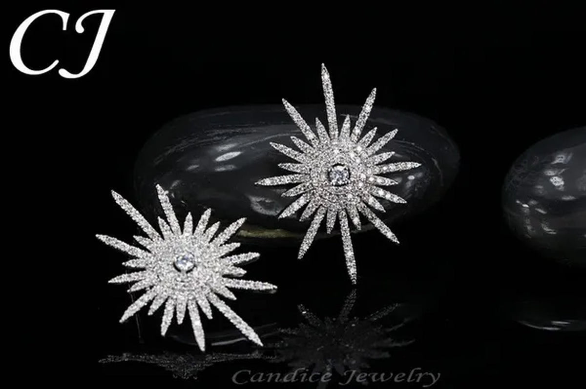 CANDICE 925 Sterling Silver Plating Hypoallergenic Snowflake Cubic Zirconia Stones Big Stud Earrings For Women Girls Wedding Party Jewelry