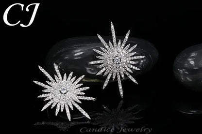CANDICE 925 Sterling Silver Plating Hypoallergenic Snowflake Cubic Zirconia Stones Big Stud Earrings For Women Girls Wedding Party Jewelry