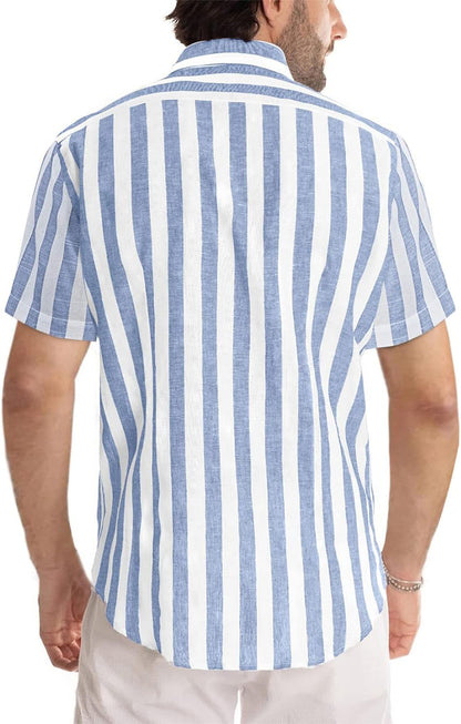 Men'S Casual Stylish Short Sleeve Button-Up Striped Dress Shirts Cotton Beach Shirt