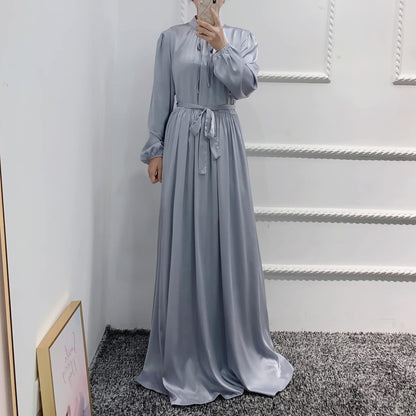 Women'S Muslim Kaftan Abaya Prayer Dress Long Sleeve Self Tie Maxi Dress Middle East Arabian Robe Gown