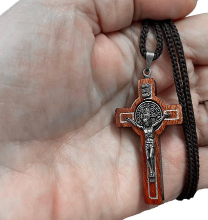 Saint Benedict Medal Wood Crucifix Cord Necklace for Men & Women – Handcrafted Religious Pendant, Healing, Travel Protection, Perfect for Gifting on Special Occasions, Made in Brazil
