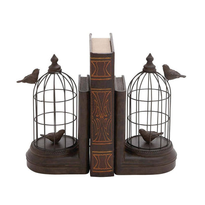 Black Metal Bird Bookends with Cages (Set of 2)