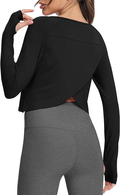Long Sleeve Athletic Workout Shirts Sports Yoga Gym Crop Tops for Women