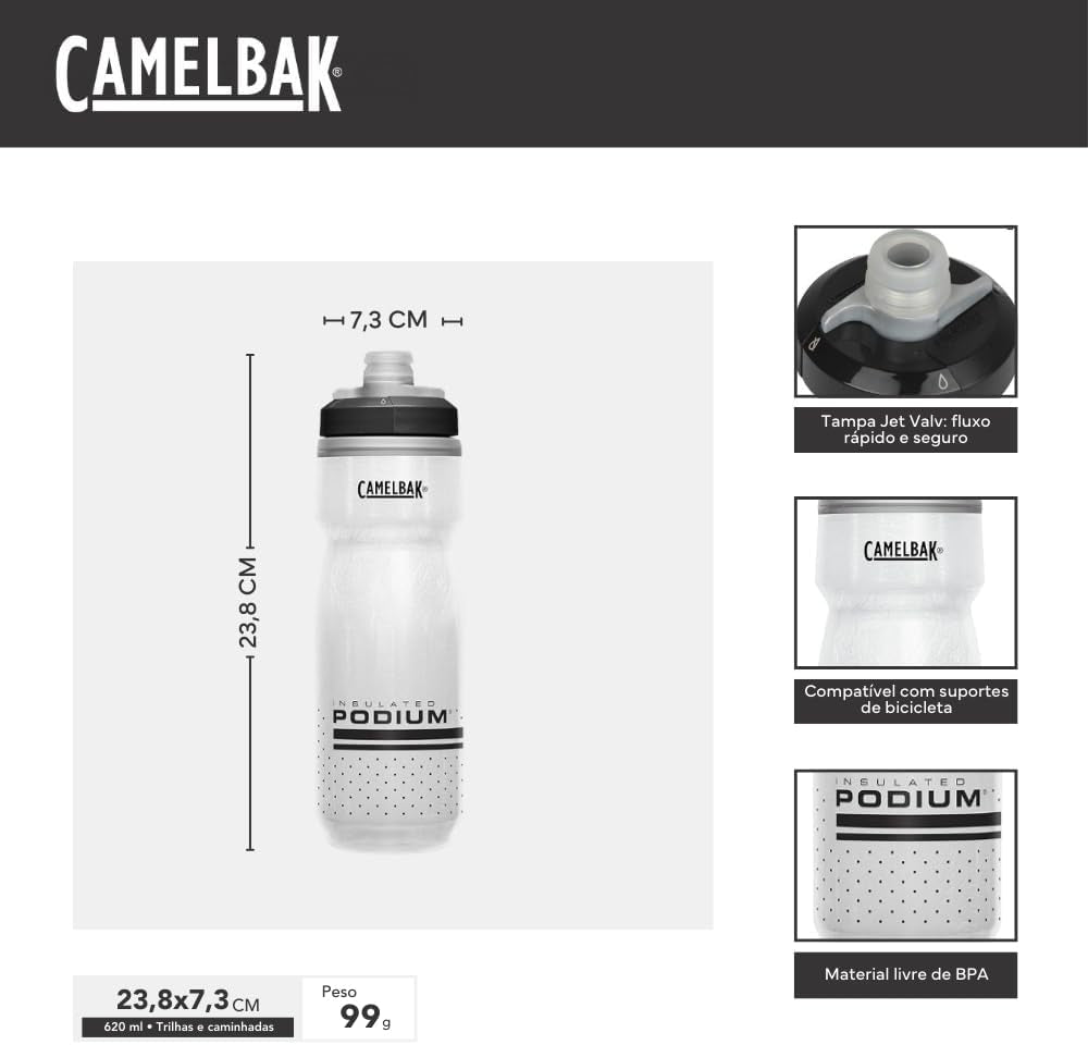 Podium Chill Insulated Bike Water Bottle - Easy Squeeze Bottle - Fits Most Bike Cages - 21Oz, Black