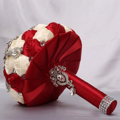 21CM Shiny Silver Rhinestone Brooch Bridal Bouquet Handmade Silk Rose Ribbon Diamond Wedding Flower Bouquet Bridesmaid Holding Flowers