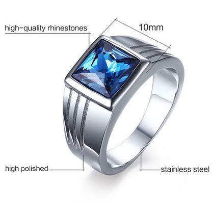 NOVE JEWELRY men fashion charm blue rhinestone fine ring 316L stainless steel exquisite wedding band rings silver + blue US Size 7 to 11